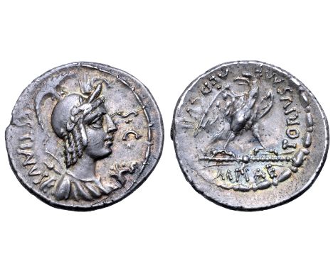 M. Plaetorius M. f. Cestianus AR Denarius. Rome, 67 BC. Bust of 'Vacuna' right, wearing a wreathed and crested helmet, bow an