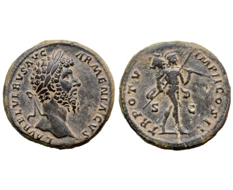 Lucius Verus Æ Sestertius. Rome, AD 165. L AVREL VERVS AVG ARMENIACVS, laureate head right / TR POT V IMP II COS II, Mars adv