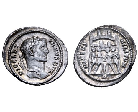 Diocletian AR Argenteus. Rome, AD 295-297. DIOCLETIANVS AVG, laureate head right / VIRTVS MILITVM, the four tetrarchs sacrifi