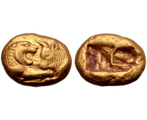 Kingdom of Lydia, Kroisos AV Stater. Light standard. Sardes, circa 564/53-550/39 BC. Confronted foreparts of roaring lion to 