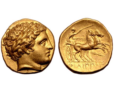 Kingdom of Macedon, Philip II AV Stater. Struck under Philip III. Pella, circa 323-317 BC. Laureate head of Apollo right / Ch