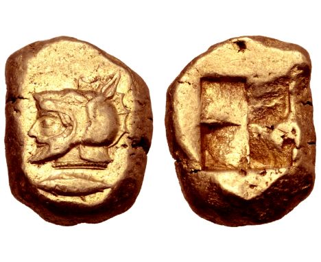 Mysia, Kyzikos EL Stater. Circa 500-450 BC. Bearded head of Poseidon to left, wearing a helmet in the form of the head of a s