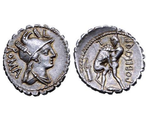 C. Poblicius Q. f. AR Serrate Denarius. Rome, 80 BC. Helmeted and draped bust of Roma right; P above, ROMA behind / Hercules 