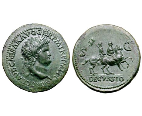 Nero Æ Sestertius. Lugdunum, circa AD 65. NERO CLAVD CAESAR AVG GER P M TR P IMP P P, laureate head right, globe at point of 