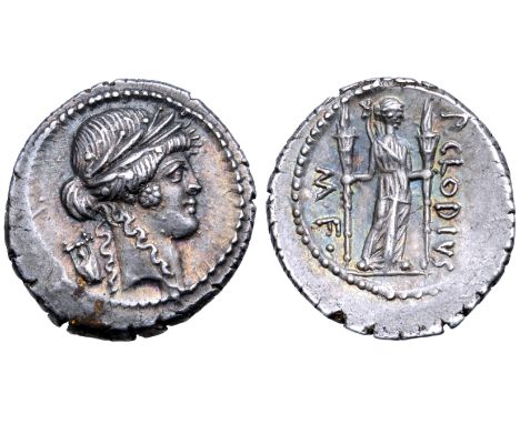 P. Clodius M. f. Turrinus AR Denarius. Rome, 42 BC. Laureate head of Apollo right; lyre behind / Diana standing facing, head 