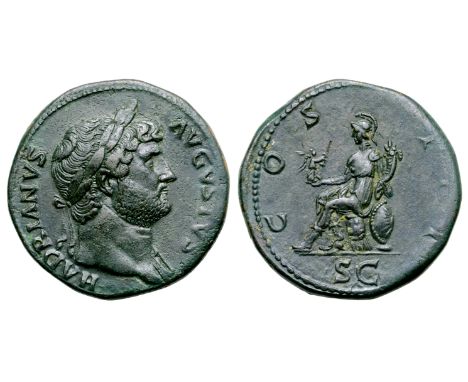 Hadrian Æ Sestertius. Rome, AD 125-128. HADRIANVS AVGVSTVS, laureate bust right, with drapery on far shoulder / COS III, Roma