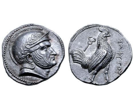 Baktria, Sophytes AR Tetradrachm. Uncertain mint in the Oxus region, circa 246/5-235 BC. Attic standard. Head of Seleukos(?) 