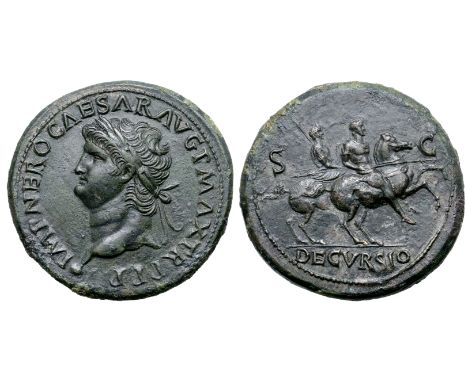 Nero Æ Sestertius. Lugdunum, AD 67. IMP NERO CAESAR AVG P MAX TR P P P, laureate bust left, globe at point / DECVRSIO, Nero o