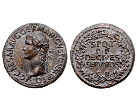 Caligula Æ Sestertius. Rome, AD 37-38. C CAESAR AVG GERMANICVS PON M TR POT, laureate head left / S•P•Q•R P•P OB•CIVES SERVAT