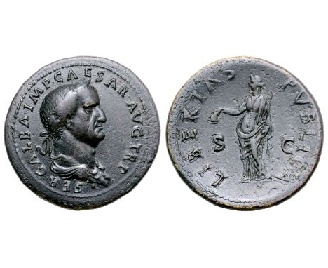 Galba Æ Sestertius. Rome, October AD 68. SER GALBA IMP CAESAR AVG TR P, laureate and draped bust right / LIBERTAS PVBLICA, Li