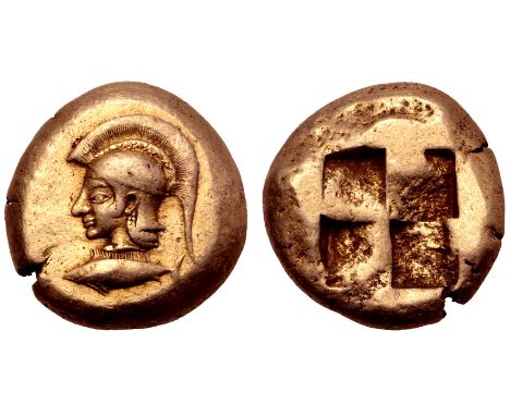 Mysia, Kyzikos EL Stater. Circa 550-500 BC. Head of Athena left, wearing crested Attic helmet, base of crest decorated with z