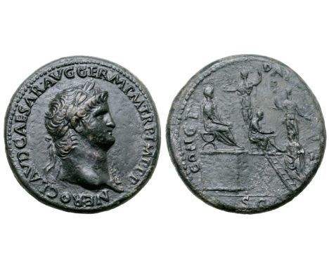 Nero Æ Sestertius. Rome, AD 64. NERO CLAVD CAESAR AVG GERM P M TR P IMP P P, laureate head right / CONG I DAT [POP], Nero sea