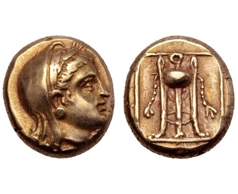 Lesbos, Mytilene EL Hekte. Circa 375-326 BC. Veiled head of Demeter right, wearing barley wreath / Tripod decorated with two 