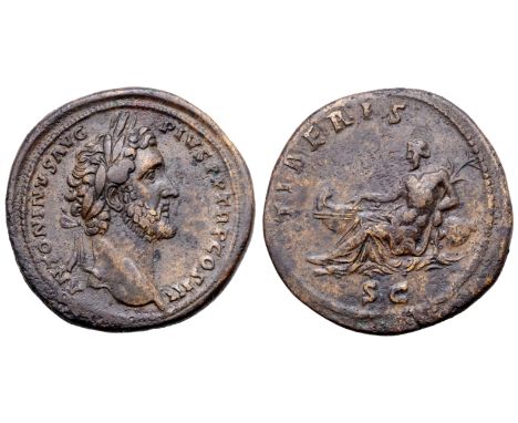 Antoninus Pius Æ Sestertius. Rome, AD 140. ANTONINVS AVG PIVS P P TR P COS III, laureate head right / TIBERIS, Tiber reclinin