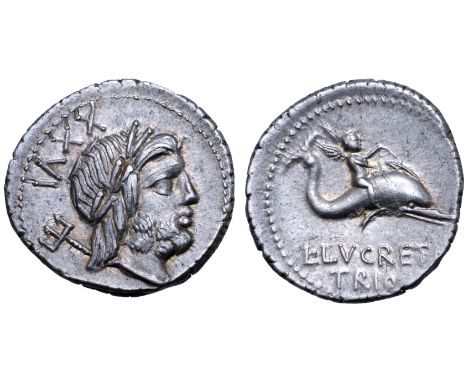 L. Lucretius Trio AR Denarius. Rome, 74 BC. Laureate head of Neptune right, trident at shoulder and control number behind / I