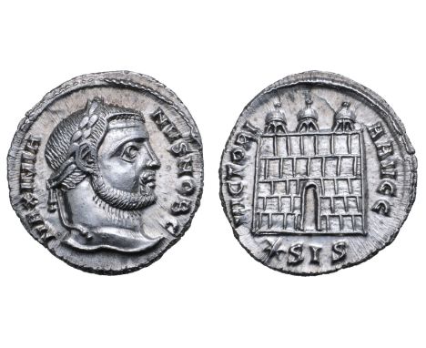 Galerius, as Caesar, AR Argenteus. Siscia, AD 295. MAXIMIANVS NOB C, laureate head right / VICTORIA AVGG, camp gate with thre