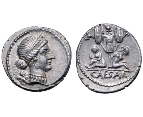 Julius Caesar AR Denarius. Military mint travelling with Caesar in Spain, 46-45 BC. Head of Venus right, wearing stephane; Cu