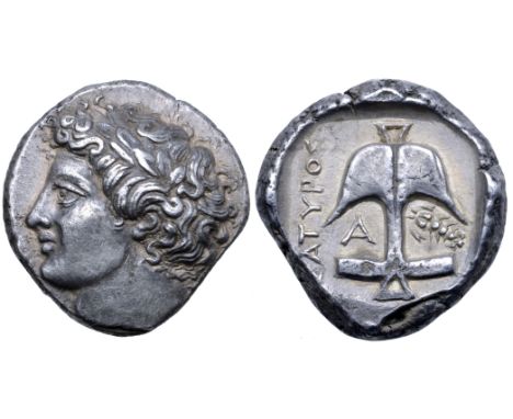 Thrace, Apollonia Pontika AR Tetradrachm. Circa 375-325 BC. Satyros, magistrate. Laureate head of Apollo left / ΣΑΤYΡΟΣ, upri