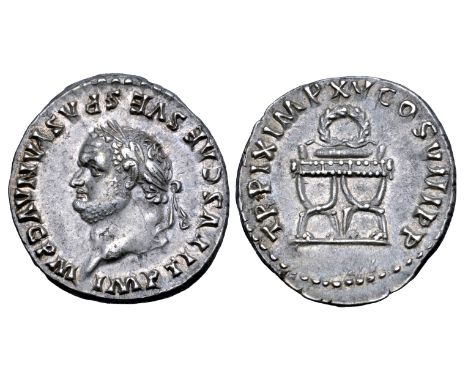 Titus AR Denarius. Rome, AD 80. IMP TITVS CAES VESPASIAN AVG P M, laureate head left / TR P IX IMP XV COS VIII P P, curule ch