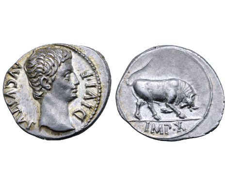 Augustus AR Denarius. Lugdunum, 15-13 BC. AVGVSTVS DIVI•F, bare head right / Bull butting to right; IMP•X in exergue. RIC 167