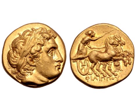 Kingdom of Macedon, Philip II AV Stater. Struck under Philip III. Kolophon, circa 323-319 BC. Laureate head of Apollo right, 