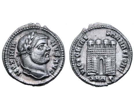 Maximian AR Argenteus. Nicomedia, AD 295-296. MAXIMIANVS AVG, laureate head right / VICTORIAE SARMATICAE, four-turreted camp 