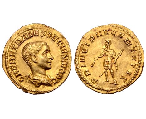 Herennius Etruscus, as Caesar, AV Aureus. Rome, AD 250-251. Q HER ETR MES DECIVS NOB C, youthful bareheaded and draped bust r