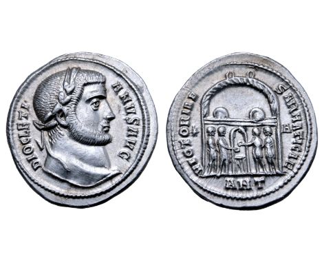 Diocletian AR Argenteus. Antioch, AD 294-295. DIOCLETIANVS AVG, laureate head right / VICTORIAE SARMATICAE, four tetrarchs sa