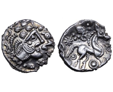 Britannia, Trinovantes AR Unit. Circa 50-40 BC. Late Whaddon Chase type (Lister’s Celtic Head). Male head right, large locks 