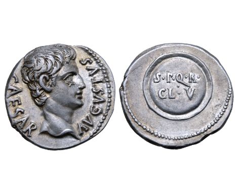 Augustus AR Denarius. Spanish mint (Colonia Caesaraugusta?), 19-18 BC. CAESAR AVGVSTVS, bare head right / S•P•Q•R CL•V in two