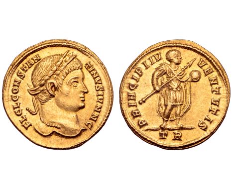 Constantine II, as Caesar, AV Solidus. Treveri, AD 326-327. FL CL CONSTANTINVS IVN N C, laureate head right / PRINCIPI IVVENT