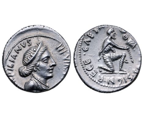 Augustus AR Denarius. Rome, 19/18 BC. P. Petronius Turpilianus, moneyer. TVRPILIANVS III•VIR FERON, draped bust of Feronia ri