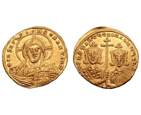 Constantine VII, with Romanus II, AV Solidus. Constantinople, AD 955-959. + + IҺS XPS RЄX RЄςNANTIЧM, facing bust of Christ P