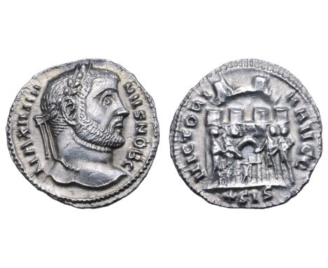 Galerius, as Caesar, AR Argenteus. Siscia, AD 295. MAXIMIANVS NOB C, laureate head right / VICTORIA AVGG, four tetrarchs sacr