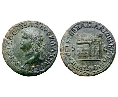 Nero Æ Sestertius. Lugdunum, AD 66. IMP NERO CAESAR AVG P MAX TR P P P, laureate bust left, globe at point / PACE P R TERRA M