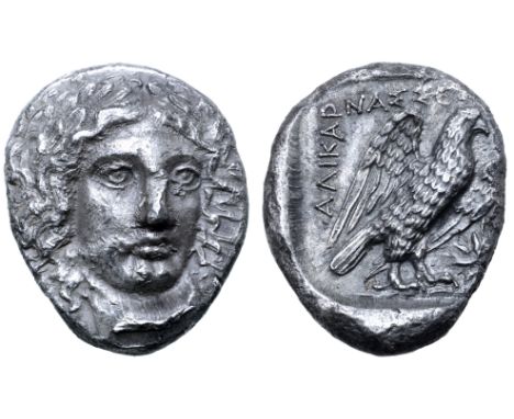 Karia, Halikarnassos AR Tetradrachm. Circa 400-387 BC. Head of Apollo facing slightly right / AΛIKAPNAΣΣEΩN, eagle standing t