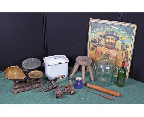 Mixed lot to include two kitchen scales,large glass bottle, enamel bread bin, a mincer, slicer, dollie etc. (qty) 