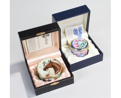 Moorcroft pillbox, in enamel with gild metal mount, together with another enamel box, (2)