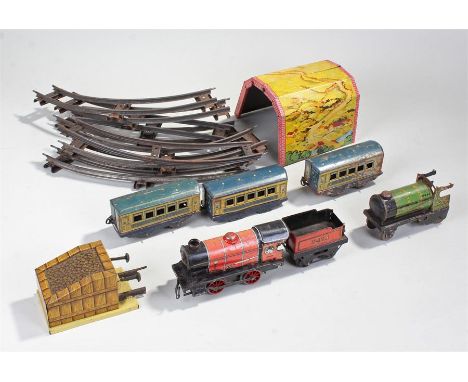 Hornby clock work train, in red, together with carriages, a Chad Valley Flying Scotsman (AF) and track, (qty)