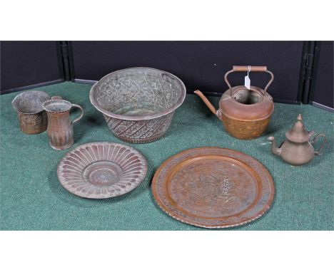 Mixed lot of brass ware to include large bowl, kettle, teapot, trays etc. (qty) 