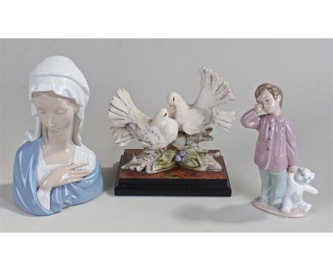 Lladro porcelain bust, number 4649, together with a Nao porcelain figure and a Florence Giuseppe Armant dove figure with cert