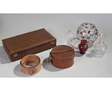 Set of three Ebony mirrors, a red glass vase, small decanter, a cut glass oil lamp base, collar box, money belt, leather box 