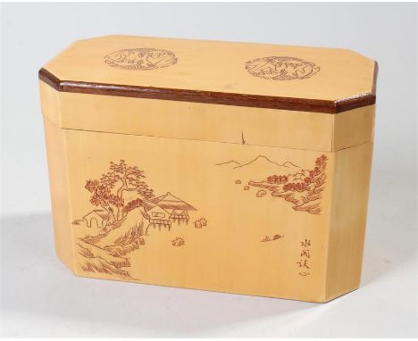Japanese tea caddy, with engraved decoration, the lid enclosing two lidded compartments