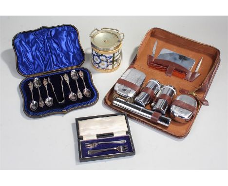 Collection of items, to include a tea caddy, a vanity set, cased forks and a cased spoon set, (qty)