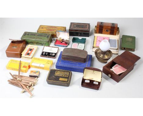 Mixed lot of cuff links, playing cards, money boxes and tobacco tins etc.