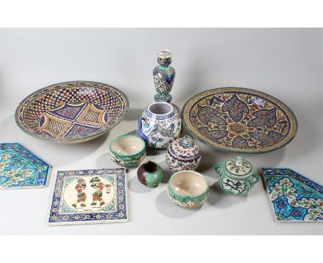 Misc pottery, mostly Turkish, One large bowl, lidded pots, vase, lamp and tiles etc. 