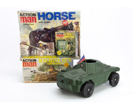 Vintage Palitoy Action Man Machine Gun Emplacement, Field Radio Pack, Horse With Saddle, all complete in original boxes, VG-E