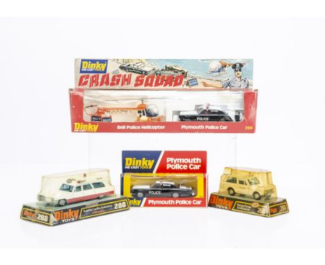 Dinky Toy Emergency Service Vehicles, 299 Crash Squad Set, 268 Range Rover Ambulance, 244 Plymouth Police Car, 288 Superior C