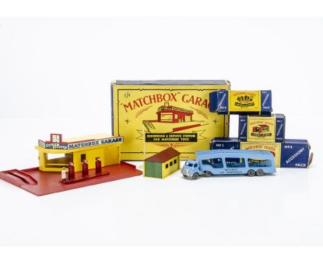 Matchbox Lesney Accessory Pack Series, MG1a Service Station &amp; Showroom, No.1 Esso Petrol Pump Set, No.2 Car Transporter, 