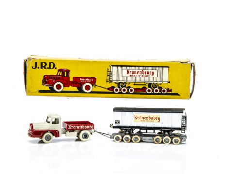 A J.R.D Unic Izoard Tractor With Trailer &amp; Wagon, red/white tractor unit, 'Kronenbourg' decals, bare metal hubs, with sil